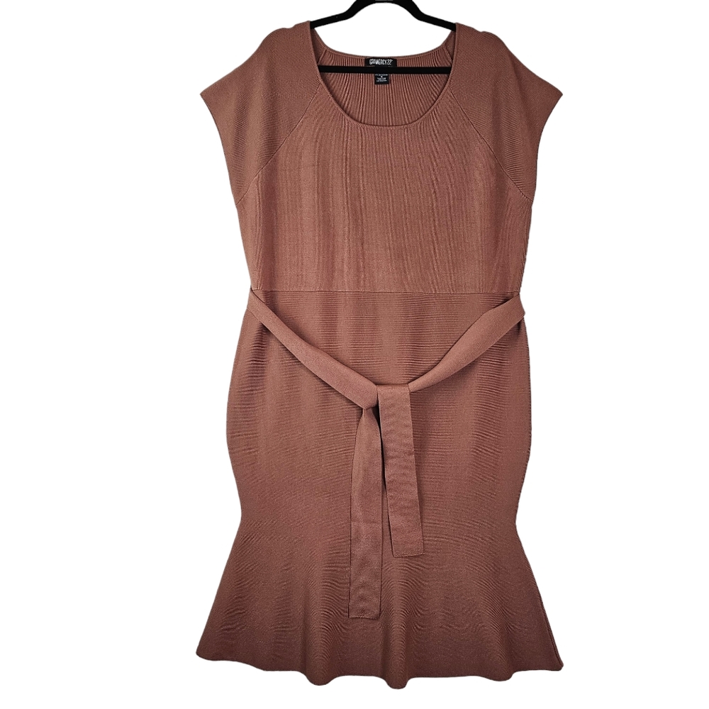 Gramercy 22 Women's Dress Trumpet Skirt Tie Waist Cap Sleeve Sz 1X Cinnamon Brwn